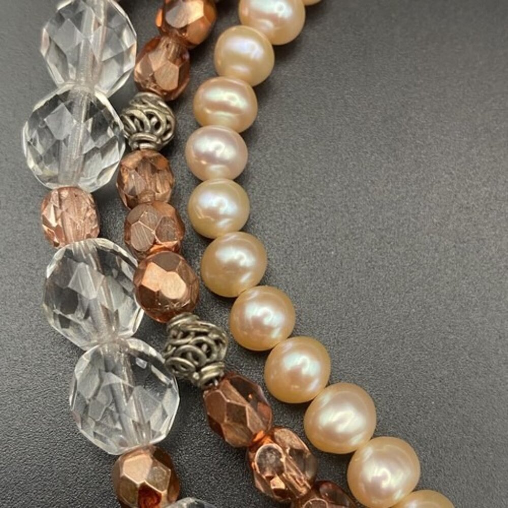 Vtg Peach Necklace 3 Strand Sterling Silver Acrylic Bead Iridescent Crystals - Picture 7 of 7